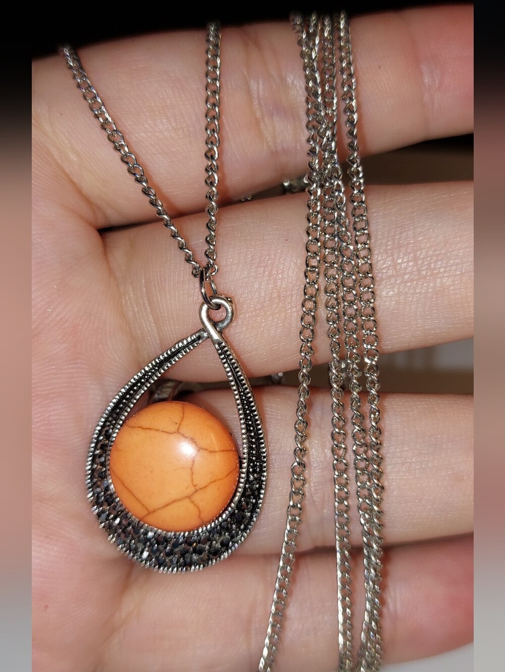 Orange Stone Silvertone Necklace